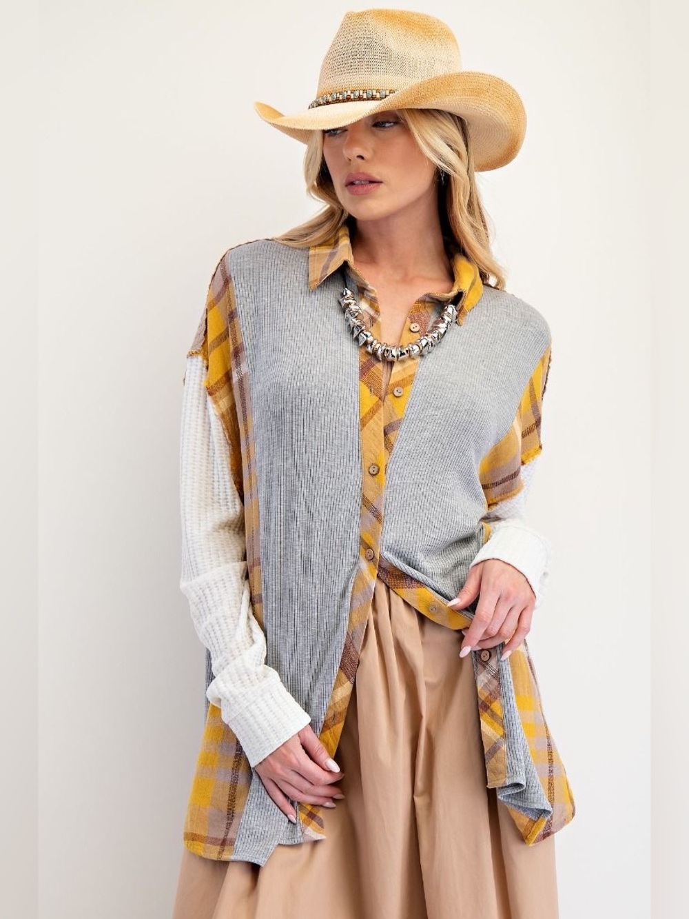 Easel Heather Grey Plaid Mix Thermal Knit Button Down Shirt